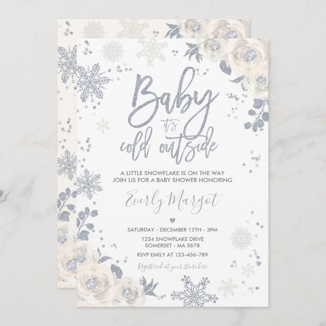 Silver White Gender Neutral Winter Baby Shower Invitation (Front/Back)