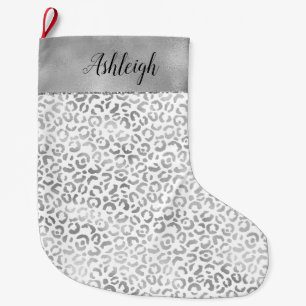 Silver White Glam Leopard Print Large Christmas Stocking