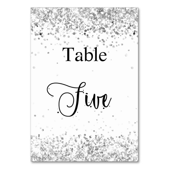 Silver white glitter calligraphy table five 5 number (Front)