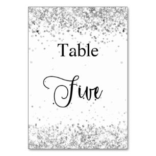 Silver white glitter calligraphy table five 5 table number