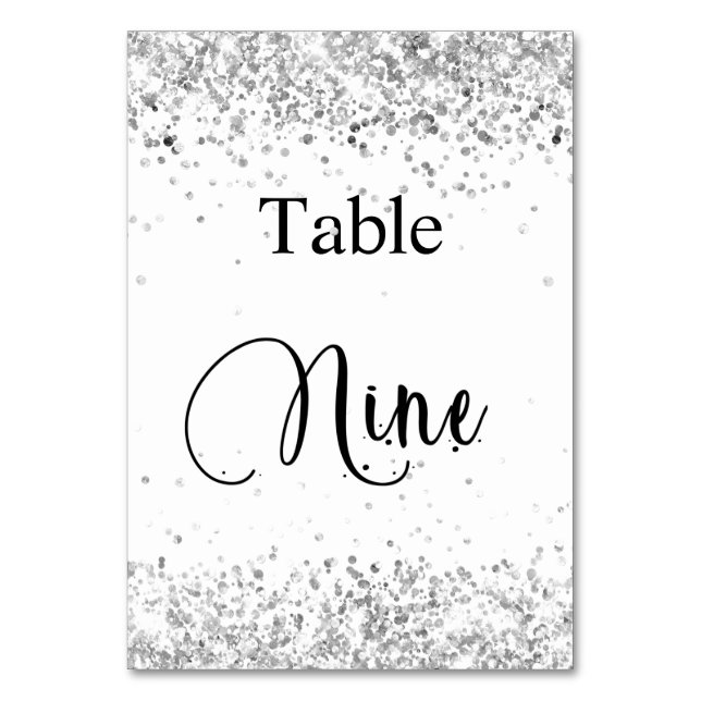 Silver white glitter calligraphy table nine 9 number (Front)