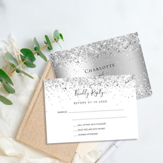 Silver white glitter elegant budget wedding RSVP (Creator Uploaded)