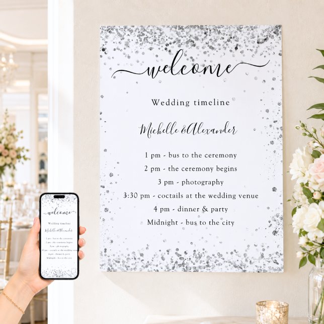 Silver white glitter elegant wedding program poster (Creator Uploaded)