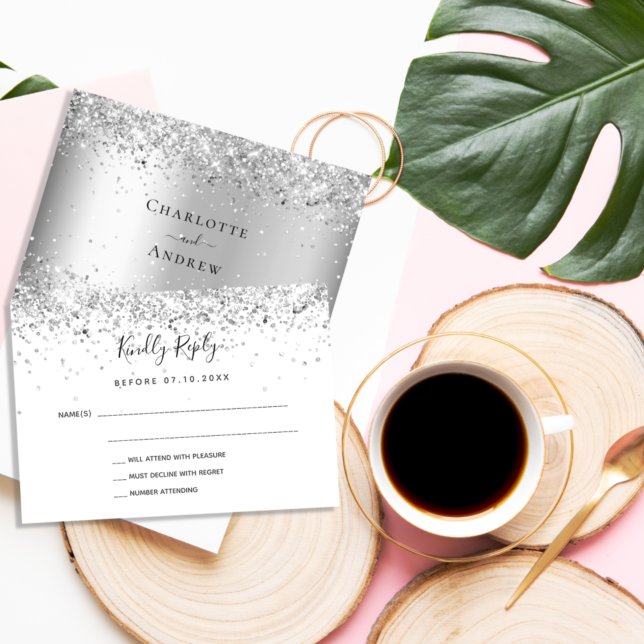 Silver white glitter elegant wedding RSVP Card (Creator Uploaded)