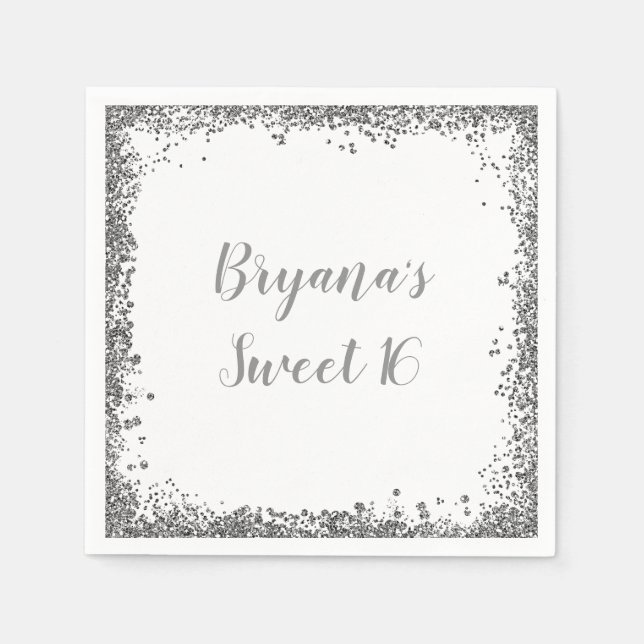 Silver White Glitter Glam Edge Sweet 16 Party Napkin (Front)