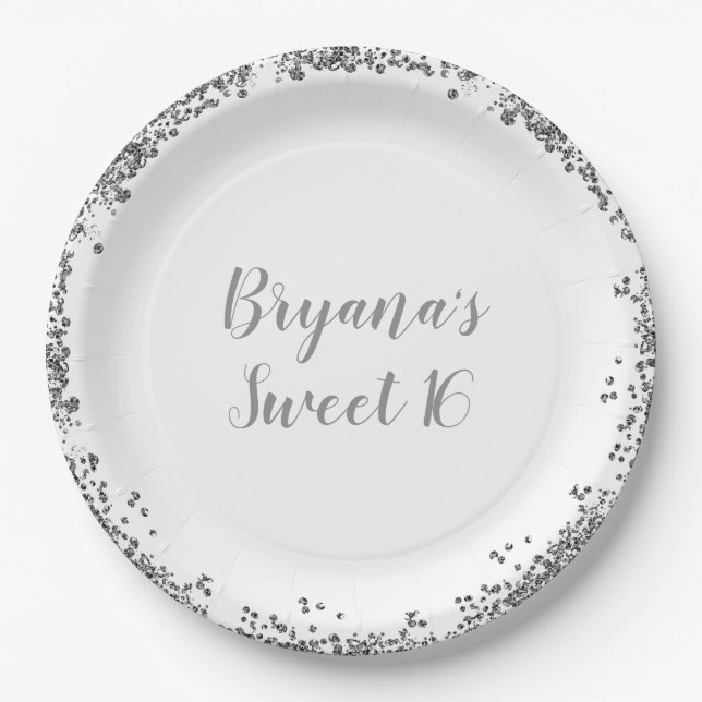 Silver White Glitter Glam Edge Sweet 16 Party Paper Plate (Front)