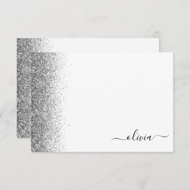 Silver White Glitter Script Monogram Girly Thank You Card (Front/Back)