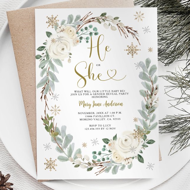 Silver White Gold Christmas Gender Reveal Invitation (Creator Uploaded)