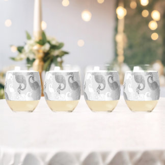 Silver white gold royal peacock bird stemless wine glass