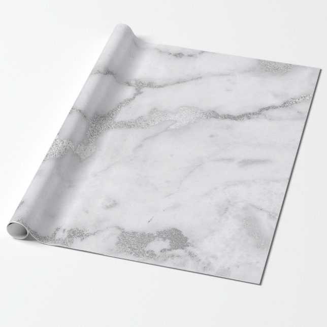 Silver White Gray Marble Stone Brushes Wrapping Paper (Unrolled)