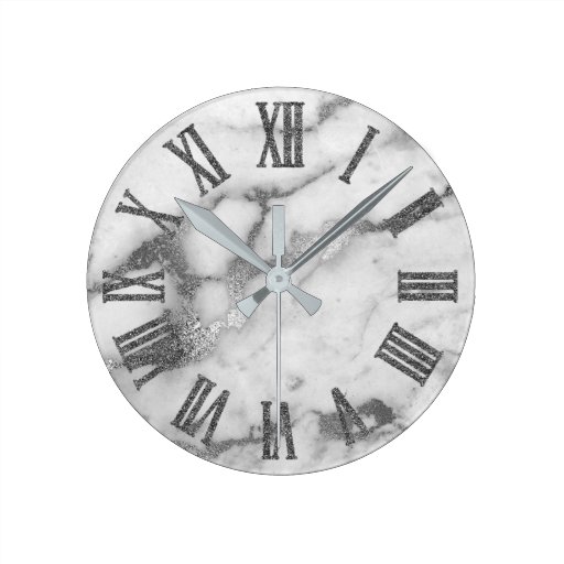 Image of Silver White Grey Carrara Marble Stone Roman Numbe Round Clock