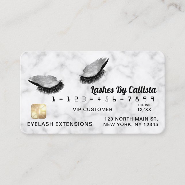 Silver White Grey Marble Glitter Lashes Credit Business Card (Front)