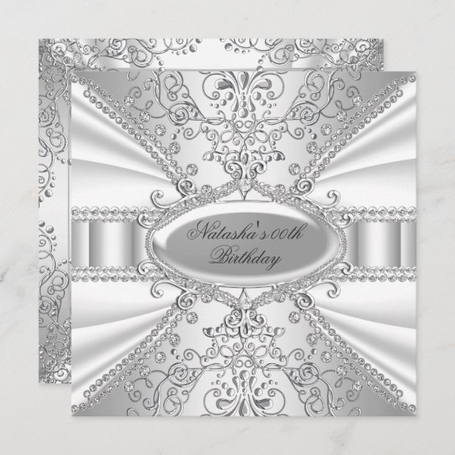 Silver & White Jewel Damask Birthday Invite (Front/Back)