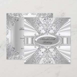 Silver & White Jewel Damask Birthday Invite