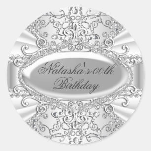 Silver & White Jewel Damask Birthday Sticker