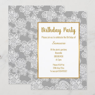 SILVER WHITE  LACE GOLD ALL OCCASION BIRTHDAY INVITATION