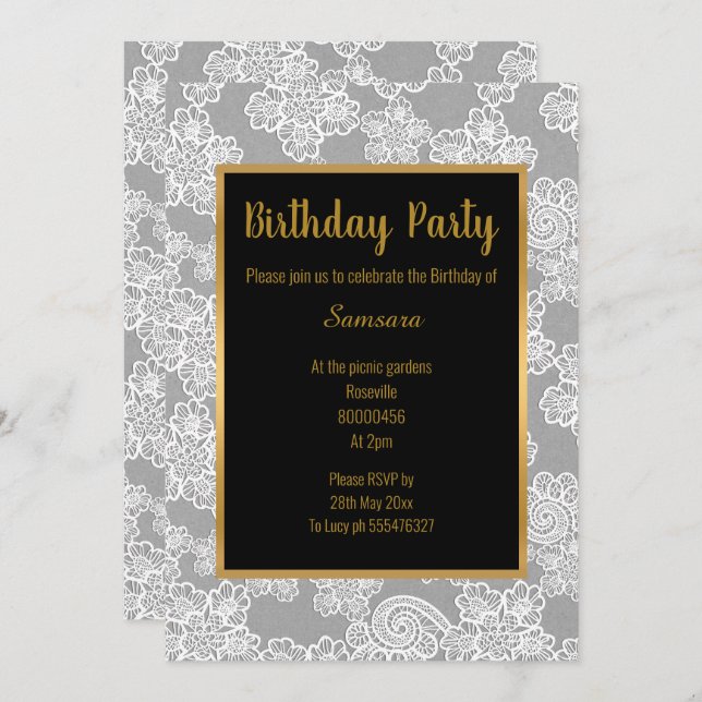 SILVER WHITE LACE GOLD ALL OCCASION BIRTHDAY INVITATION (Front/Back)