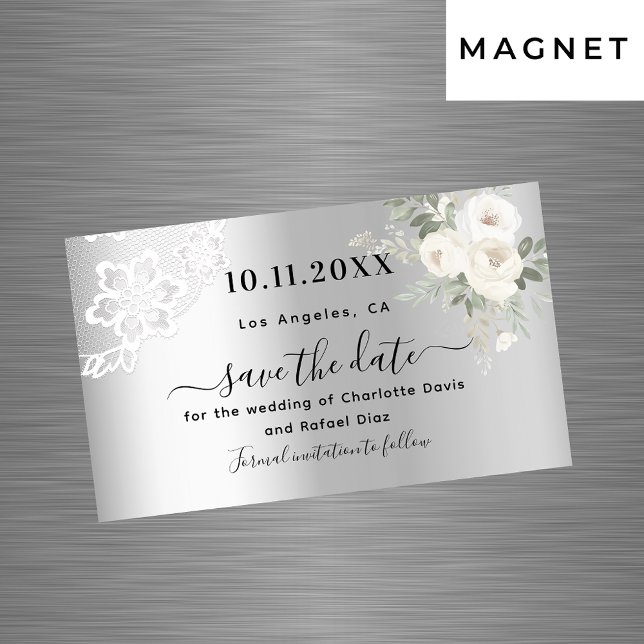 Silver white lace wedding Save the Date magnet (Creator Uploaded)