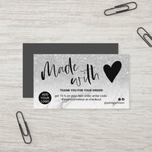 SIlver white marble thank you made with love Business Card