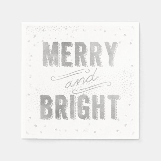 Silver & White Merry and Bright Winter Holiday Napkin (Front)