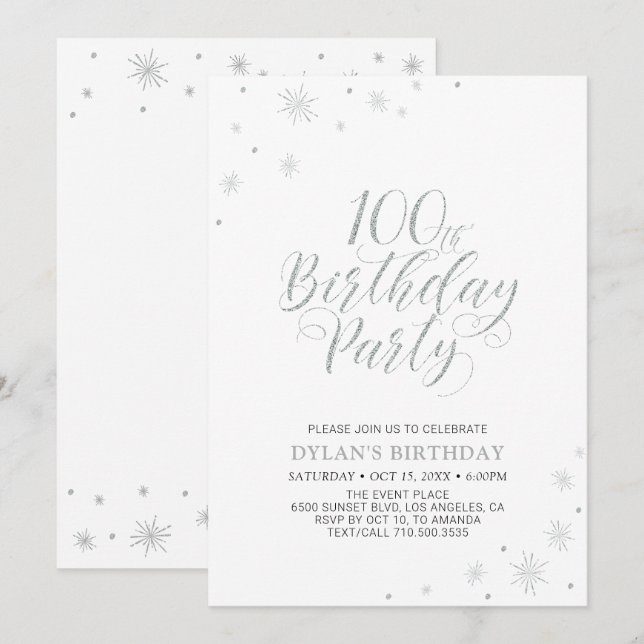 Silver & White | Modern 100th Photo Birthday Party Invitation (Front/Back)