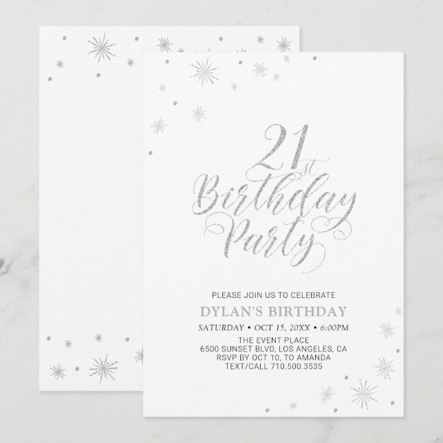 Silver & White | Modern Chic 21st Birthday Party Invitation (Front/Back)