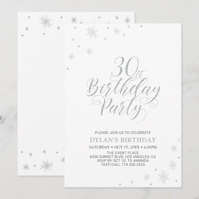 Silver & White | Modern Chic 30th Birthday Party Invitation (Front/Back)