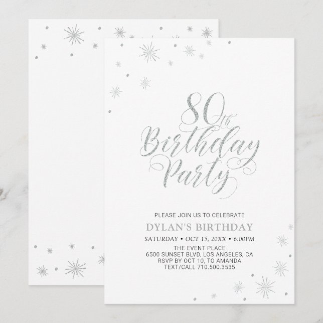 Silver & White | Modern Chic 80th Birthday Party Invitation (Front/Back)