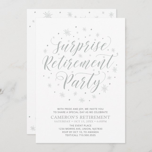 Silver & White | Modern Surprise Retirement Party Invitation (Front/Back)