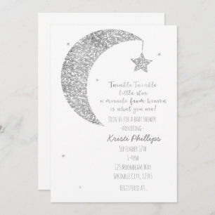 Silver White Moon & Stars Baby Shower Invitations