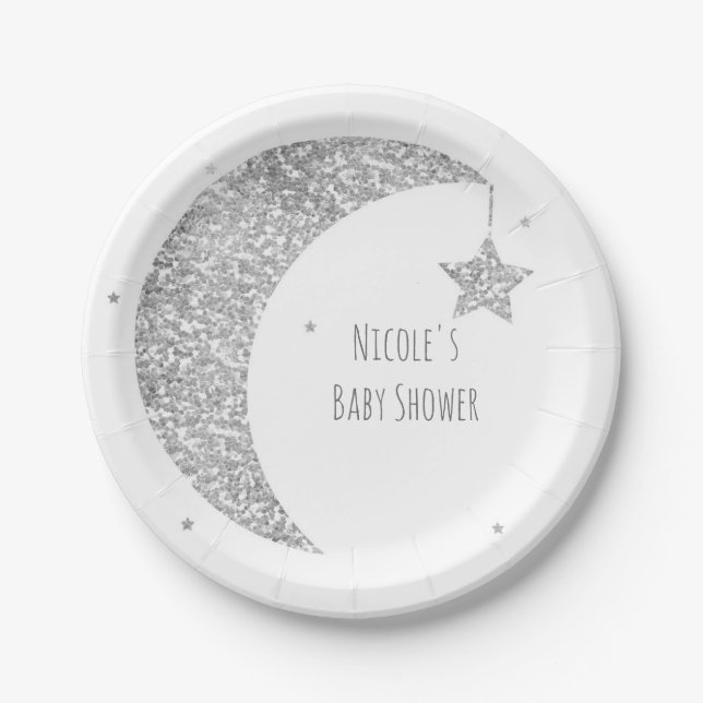 Silver & White Moon & Stars Baby Shower Paper Plate (Front)
