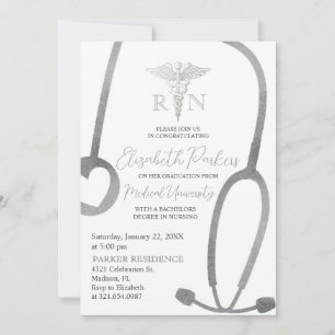 Silver White Nursing School Graduation Party Invitation