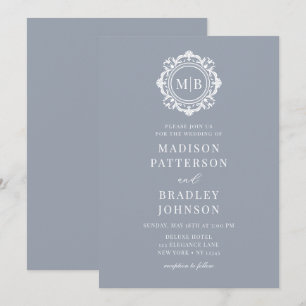 Silver White Ornate Floral Monogram Wedding Invitation