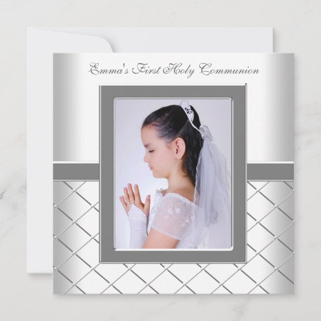 Silver White Photo Girls 1st Communion Invitation (Front)