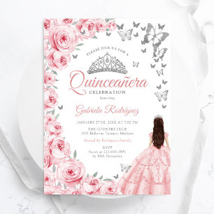 Silver White Pink Floral Quinceanera Invitation