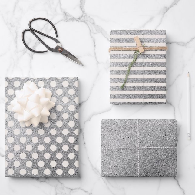 Silver White Polka Dots Stripes Christmas Holiday Wrapping Paper Sheet (Front)