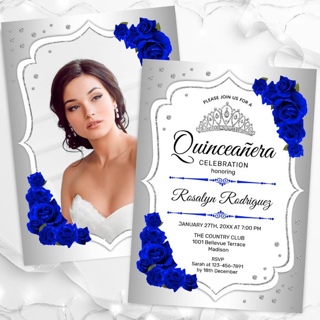 Silver White Royal Blue Photo Quinceanera Invitation (Creator Uploaded)
