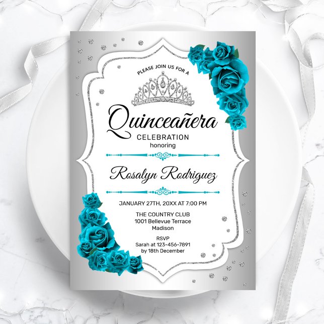 Silver White Royal Teal Quinceanera Invitation (Creator Uploaded)
