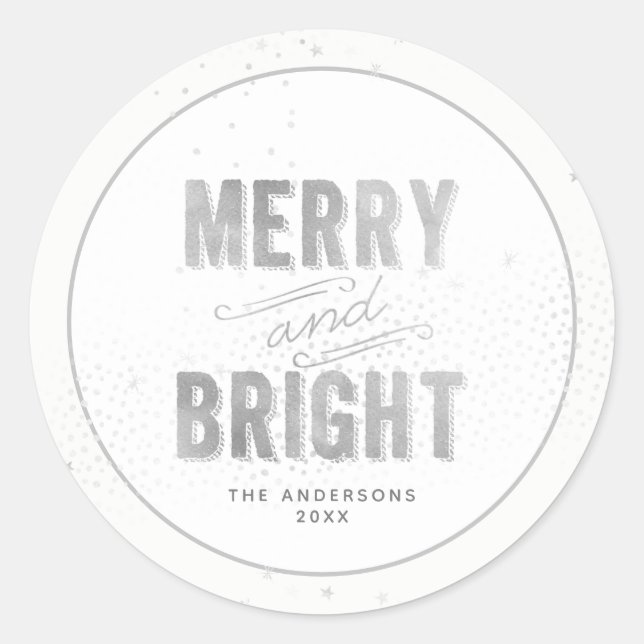 Silver & White Snowflake Merry and Bright Holiday Classic Round Sticker (Front)