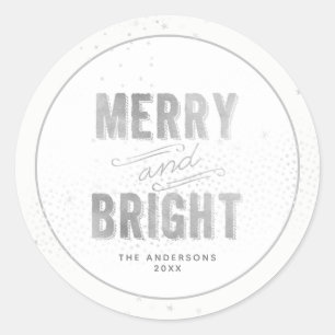 Silver & White Snowflake Merry and Bright Holiday Classic Round Sticker