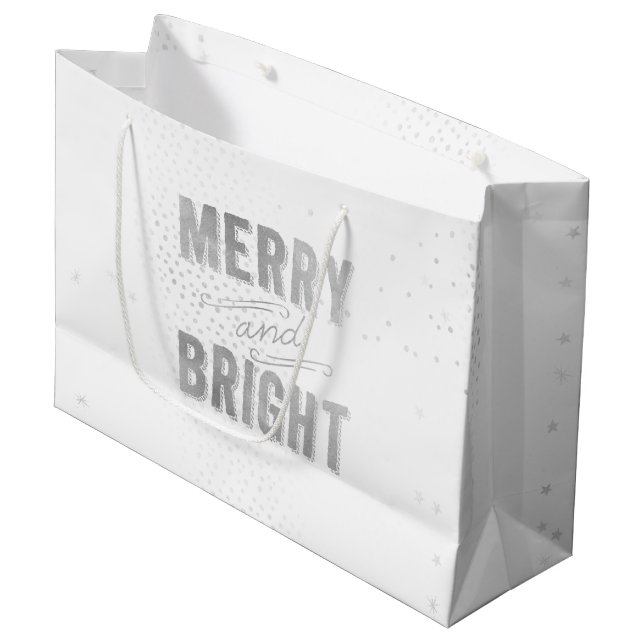 Silver & White Snowflake Merry and Bright Holiday Large Gift Bag (Front Angled)