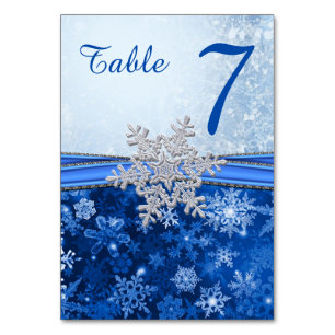 Silver White Snowflake on Blue Table Number card