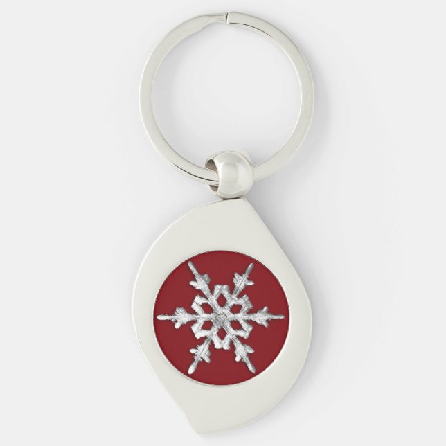 Silver & white snowflake on deep red key ring (Front)