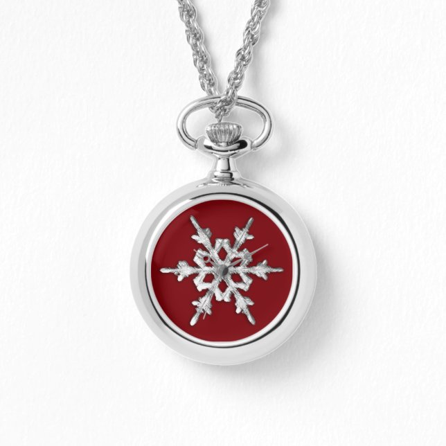 Silver & white snowflake on deep red watch (Front)