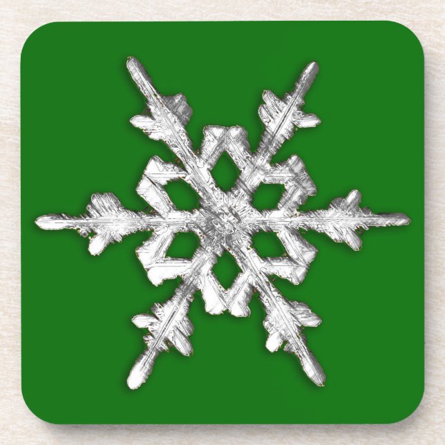 Silver & white snowflake on pine green coaster (Front)