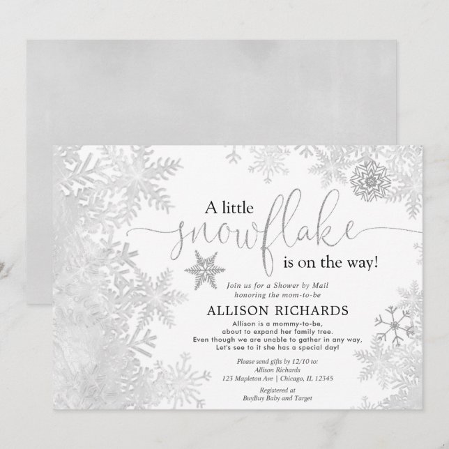 Silver white snowflake Shower by Mail baby shower Invitation (Front/Back)