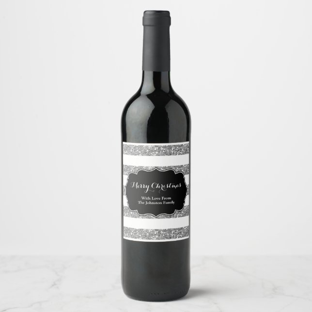 Silver White Stripes Christmas Custom Wine Label (Front)