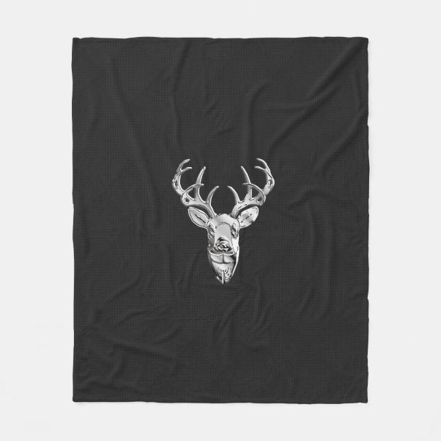 Silver White Tail Deer on Carbon Fibre Style Print Fleece Blanket (Front)