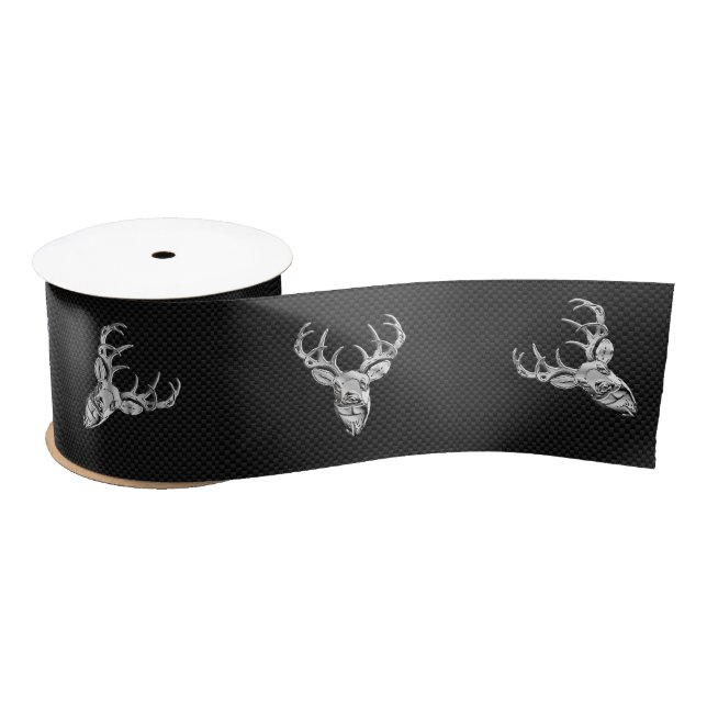 Silver White Tail Deer on Carbon Fibre Style Print Satin Ribbon (Spool)