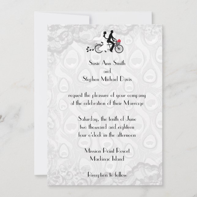 Silver White Tandem Bicycle Wedding Invitation (Front)